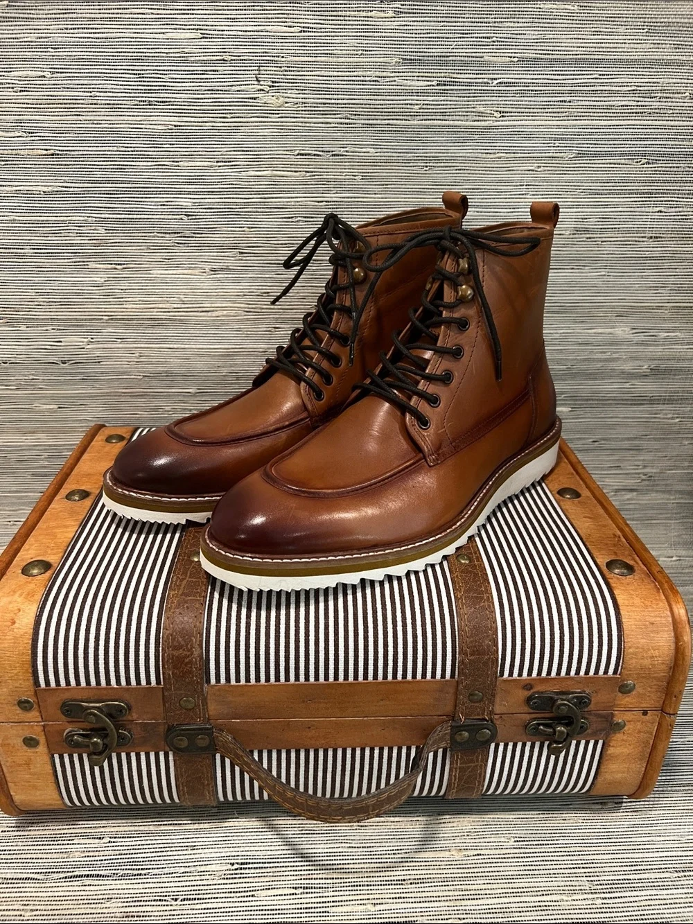 Men's Brown Leather Lace-Up Boots with White Lug Sole